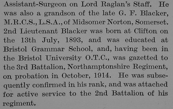 Blacker G F 2nd Lt 2nd Northamptonshire Regiment Obit Part 2 Bond Of Sacrifice Vol 2