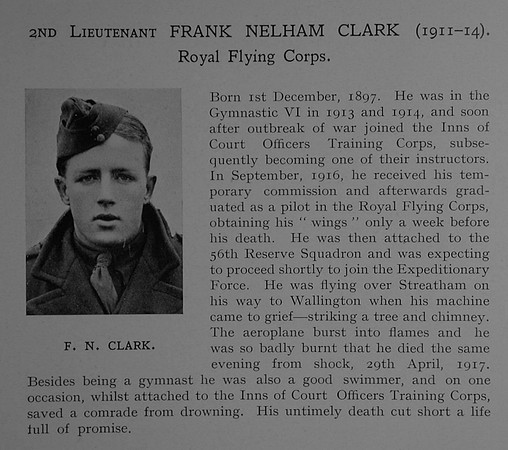 Clark F N 2nd Lt RFC Obit Dulwich College Roll Of Honour