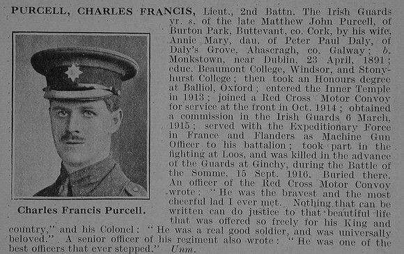 Purcell C F Lt 2nd Irish Guards Obit De Ruvignys Roll Of Honour Vol 3