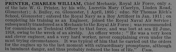 Printer C W Chief Mech 313869 Royal Air Force Obit De Ruvignys Roll Of Honour Vol 4