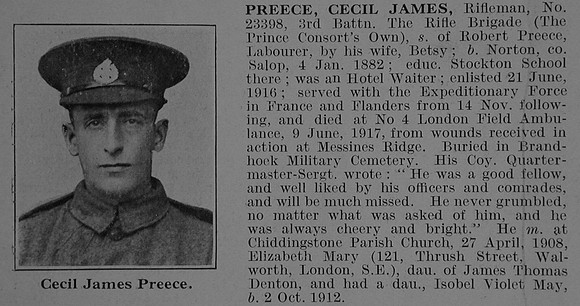 Preece C J Rfn 3rd Rifle Brigade Obit De Ruvignys Roll Of Honour Vol 3