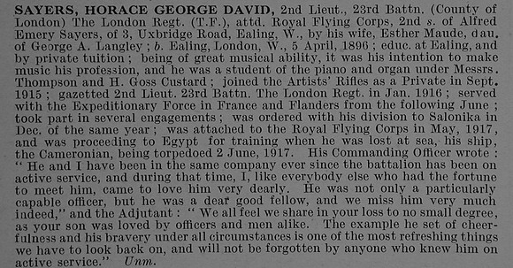 Sayers H G D 2nd Lt 23rd London Regiment Attd Royal Flying Corps Obit De Ruvignys Roll Of Honour Vol 4