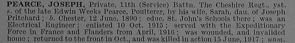 Pearce J Pte 32742 11th Attd 9th Cheshire Regiment Short Obit De Ruvignys Roll Of Honour Vol 4