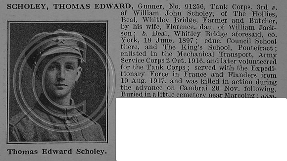 Scholey T E Gnr 91256 Tank Corps Obit De Ruvignys Roll Of Honour Vol 4