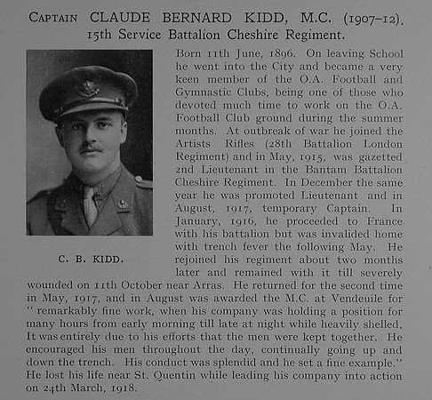 Kidd C B Captain MC 15th Cheshire Regiment Obit Dulwich College Roll Of Honour
