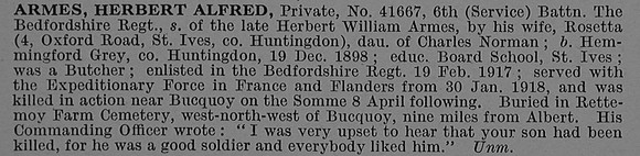 Armes H A Pte 41667 6th Bedfordshire Regiment Obit De Ruvignys Roll Of Honour Vol 4