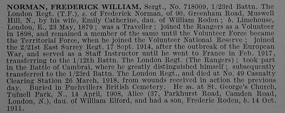 Norman F W Sergt 718009 23rd London Regiment Obit De Ruvignys Roll Of Honour Vol 4