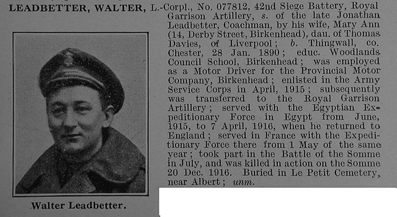 Leadbetter W L/Cpl 077812 Royal Garrison Artillery Obit De Ruvignys Roll Of Honour Vol 4