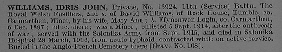 Williams I J Pte 13924 11th Royal Welsh Fusiliers Short Obit De Ruvignys Roll Of Honour Vol 4