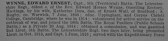 Wynne E E Captain 5th Leicestershire Regiment Obit Part 1 De Ruvignys Roll Of Honour Vol 4