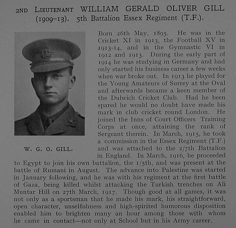 Gill W G O 2nd Lt 5th Essex Regiment Obit Dulwich College Roll Of Honour