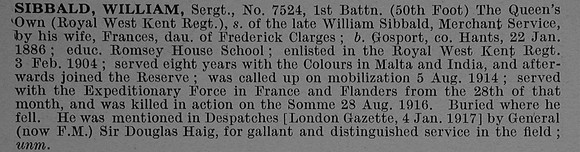 Sibbald W Sergt 7524 1st Queens Own Royal West Kent Regiment Obit De Ruvignys Roll Of Honour Vol 4