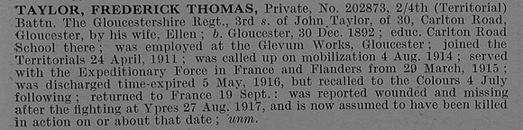 Taylor F T 202873 4th Gloucestershire Regiment Obit De Ruvignys Roll Of Honour Vol 4