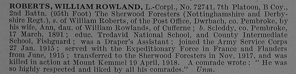 Roberts W R LCpl 72741 2nd Notts & Derby Regiment Obit De Ruvignys Roll Of Honour Vol 4