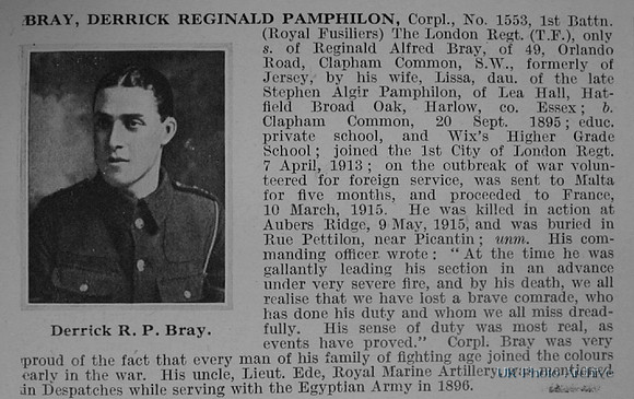 Bray D R P Cpl 1553 1st Royal Fusiliers Obituary De Ruvignys Roll Of Honour Vol 1