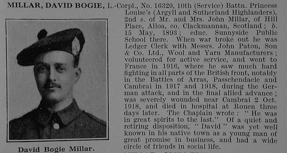 Millar D B LCpl 16329 10th Argyll & Sutherland Highlanders Obit De Ruvignys Roll Of Honour Vol 5