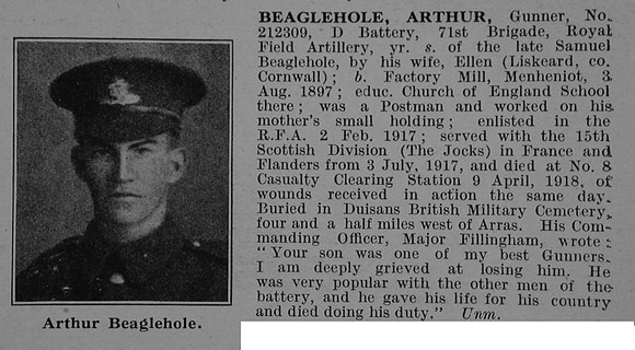 Beaglehole A Gnr 212309 Royal Field Artillery Obit De Ruvignys Roll Of Honour Vol 4