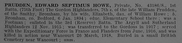 Prudden E S H Pte 43186/S 1st Gordon Highlanders Obit De Ruvignys Roll Of Honour Vol 4