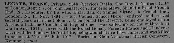 Legate F Pte 1829 26th Royal Fusiliers Obit De Ruvignys Roll Of Honour Vol 4