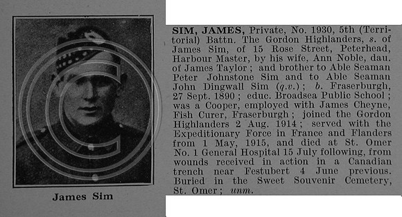 Sim J Pte 1930 5th Gordon Highlanders Obit De Ruvignys Roll Of Honour Vol 4