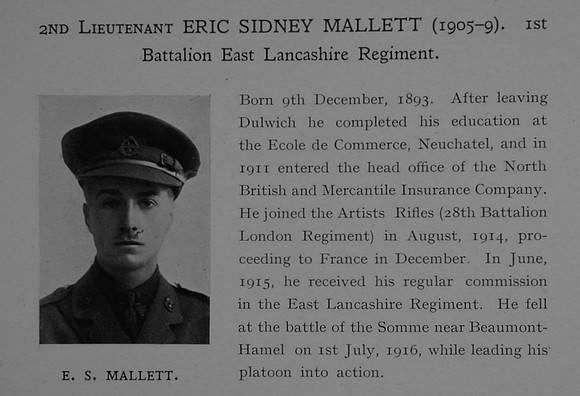 Mallett E S 2nd Lt 1st East Lancashire Regiment Obit Dulwch College Roll Of Honour