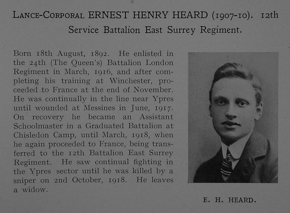 Heard E H LCpl 46029 12th East Surrey Regiment Obit Dulwich College Roll Of Honou