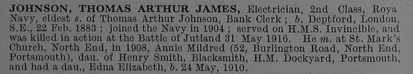 Johnson T A J Artificer Electrical 2nd Class 346596 H.M.S. Invincible Royal Navy Obit De Ruvignys Roll Of Honour Vol 4