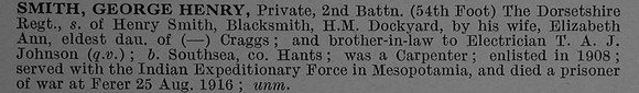 Smith G H Pte 8312 2nd Dorsetshire Regiment Short Obit De Ruvignys Roll Of Honour Vol 4