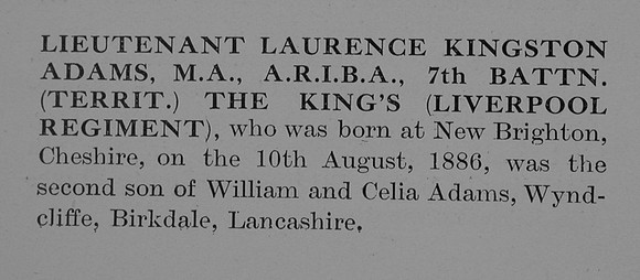 Adams L K Lt 7th Kings Liverpool Regiment Obit Part 1 The Bond Of Sacrifice Vol 2