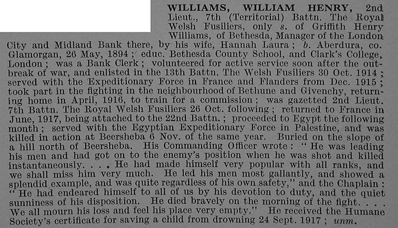 Williams W H 2nd Lt 7th Royal Welsh Fusiliers Obit De Ruvignys Roll Of Honour Vol 4