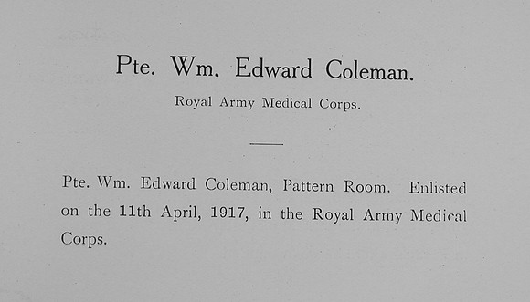 Coleman W E Pte Royal Army Medical Corps Record William Graham Co Roll Of Honour