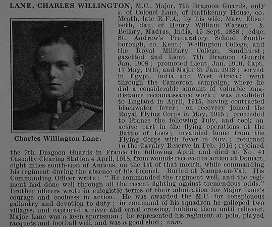 Lane C W Major MC 7th Dragoon Guards Obit De Ruvignys Roll Of Honour Vol 4
