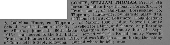 Loney W T Pte 101473 8th Canadian Infantry (Manitoba Regiment) Obit De Ruvignys Roll Of Honour Vol 4