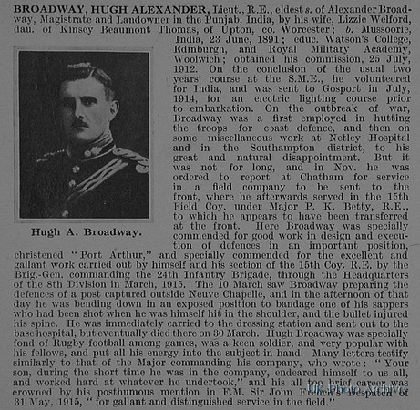 Broadway H A Lt Royal Engineers Obituary De Ruvignys Roll Of Honour Vol 1