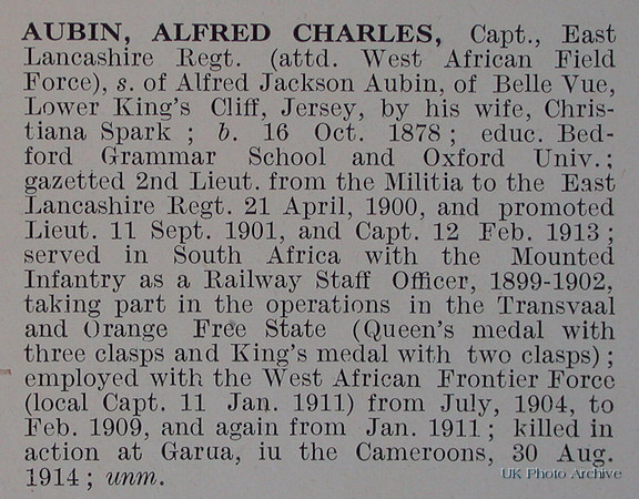 Aubin A C Captain East Lancs Regt Obit De Ruvignys Roll Of Honour Vol 1