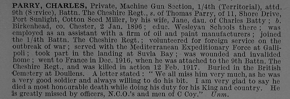 Parry C Pte 50179 4th Attd 9th Cheshire Regiment Obit De Ruvignys Roll Of Honour Vol 4