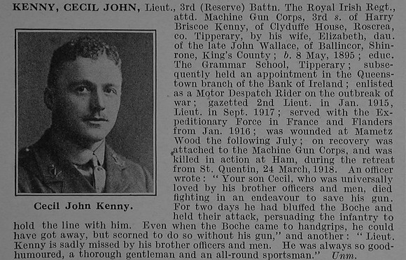 Kenny C J Lt 3rd Royal Irish Regiment Attd Machine Gun Corps (Infantry) Obit De Ruvignys Roll Of Honour Vol 4