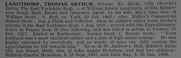 Langthorp T A Pte 26745 13th East Yorkshire Regiment Obit De Ruvignys Roll Of Honour Vol 4