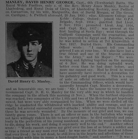 Manley D H G Captain 6th Royal Welsh Fusiliers Obit Part 1 De Ruvignys Roll Of Honour Vol 3