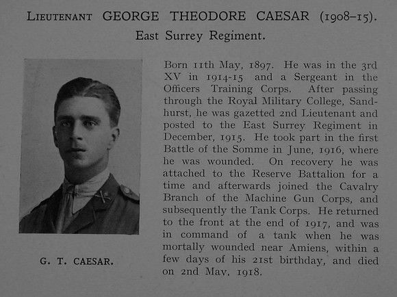 Caesar G T Lt 1st East Surrey Attd Tank Corps Obit Dulwich College Roll Of Honour