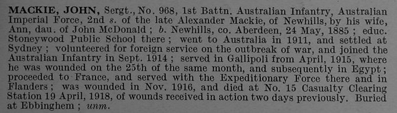 Mackie J Sergt 968 1st Australian Infantry Obit De Ruvignys Roll Of Honour Vol 4