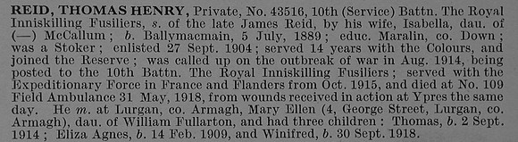 Reid T H Pte 43516 10th Royal Inniskilling Fusiliers Obit De Ruvignys Roll Of Honour Vol 4