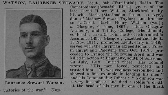 Watson L S Lt 8th Cameronians Obit De Ruvignys Roll Of Honour Vol 4
