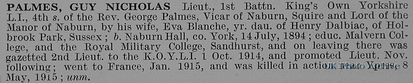 Palmes  N Lt 1st Kings Own Yorkshire Light Infantry Obit De Ruvignys Roll Of Honour Vol 1