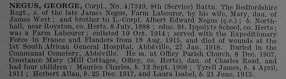 Negus G Cpl 4/7349 8th Bedfordshire Regiment Obit De Ruvignys Roll Of Honour Vol 4