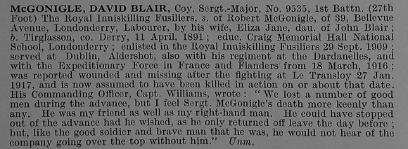 McGonigle D B Coy Sergt Major 9535 1st Royal Inniskilling Fusiliers Obit De Ruvignys Roll Of Honour Vol 4