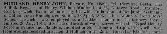 Mudland H J Pte 12396 7th Suffolk Regiment Obit De Ruvignys Roll Of Honour Vol 4