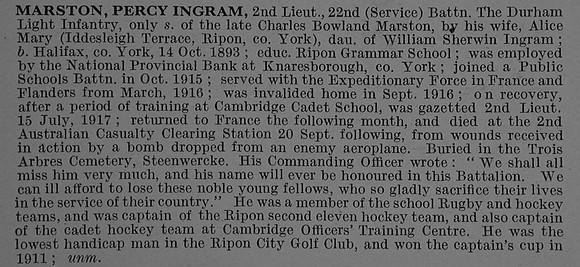 Marston P I 2nd Lt 22nd Durham Light Infantry Obit De Ruvignys Roll Of Honour Vol 4