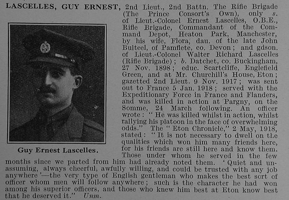 Lascelles G E 2nd Lt 2nd Rifle Brigade Obit De Ruvignys Roll Of Honour Vol 4
