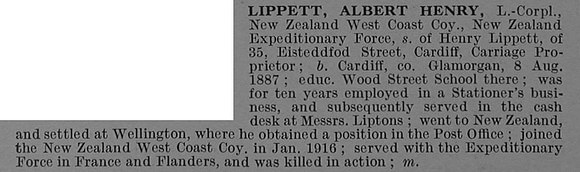 Lippett A H L/Cpl 33390 Wellington Regiment, N.Z.E.F. Obit De Ruvignys Roll Of Honour Vol 4